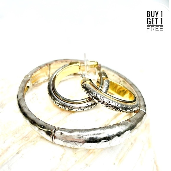 SILVER / Gold Etched Hoops and Stretch Bracelet - Picture 1 of 16